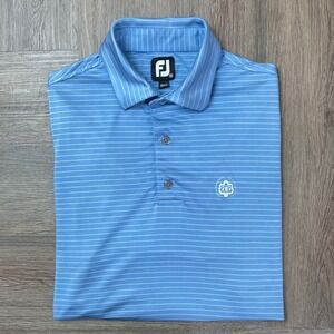 FootJoy‎ Golf Polo Shirt Mens Medium Blue Striped Club Logo Performance Athletic